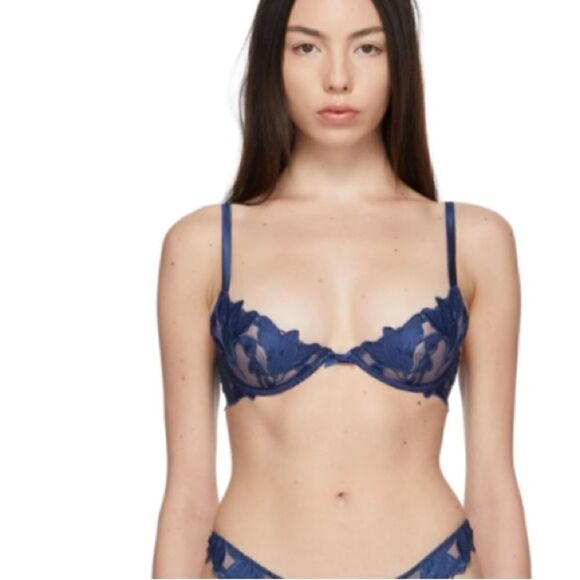 Seeville Embroidery Plunge Satin Demi Bra in Blue - Picture 1 of 9